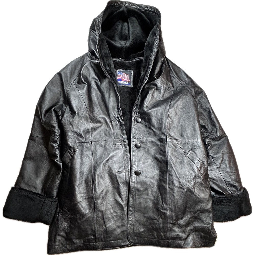 Leather USA Womens 3XL Black Genuine Leather Hooded Coat Faux Fur Belted